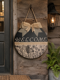 Rustic Farmhouse Welcome Sign | 12" Round Hand-Painted Front Door Hanger with Handmade Burlap Bow