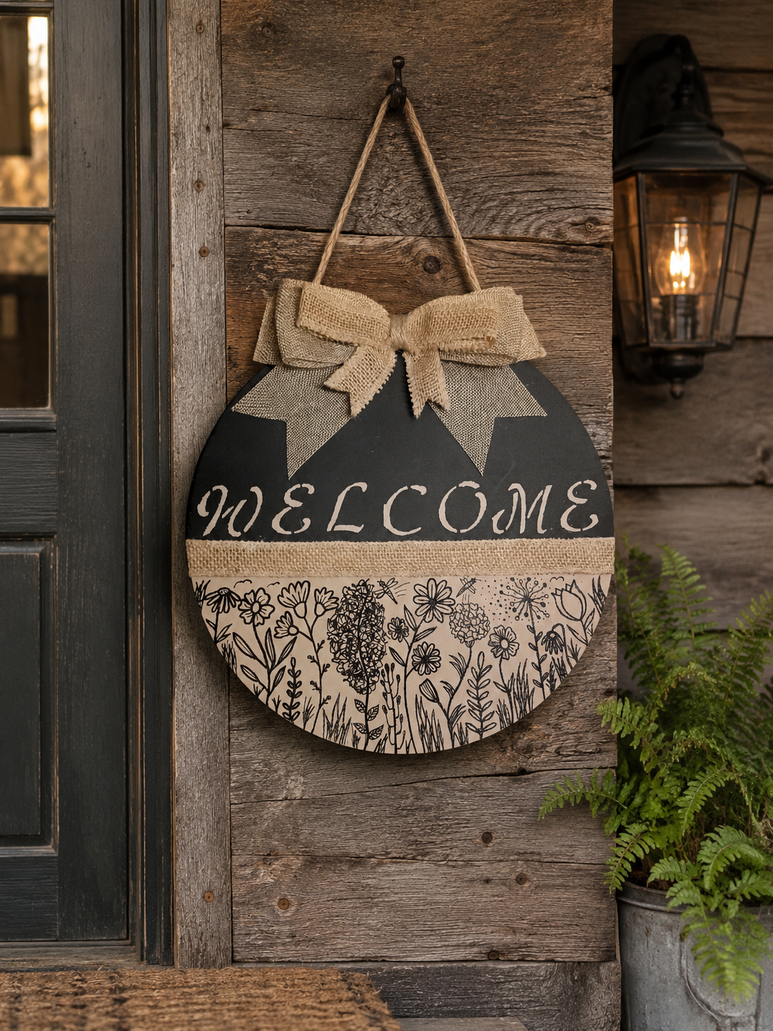 Rustic Farmhouse Welcome Sign | 12" Round Hand-Painted Front Door Hanger with Handmade Burlap Bow