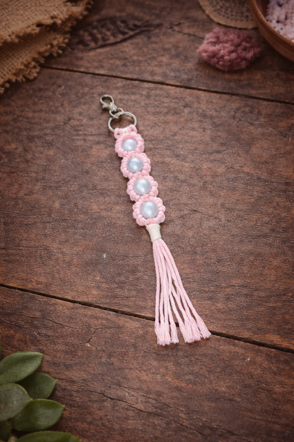 Pink Macramé Keychain with Beaded Detail – Handmade Boho Tassel Charm