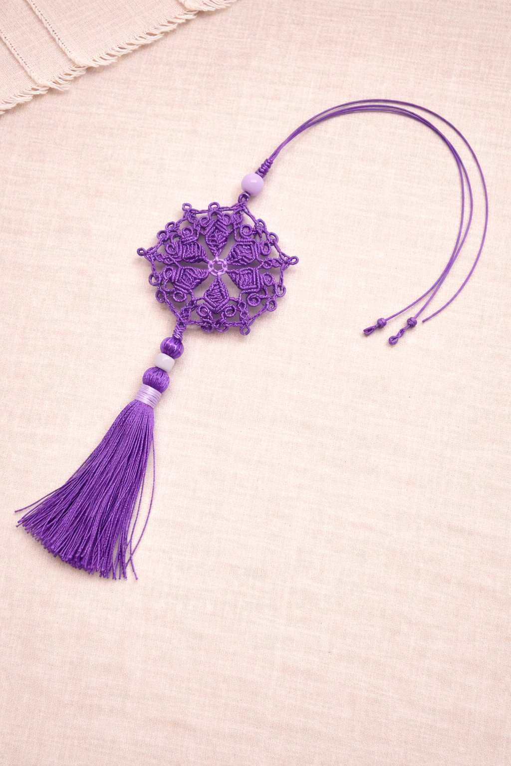 Purple Macramé Mandala Car Charm with Tassel – Handmade Boho Rearview Mirror Decor
