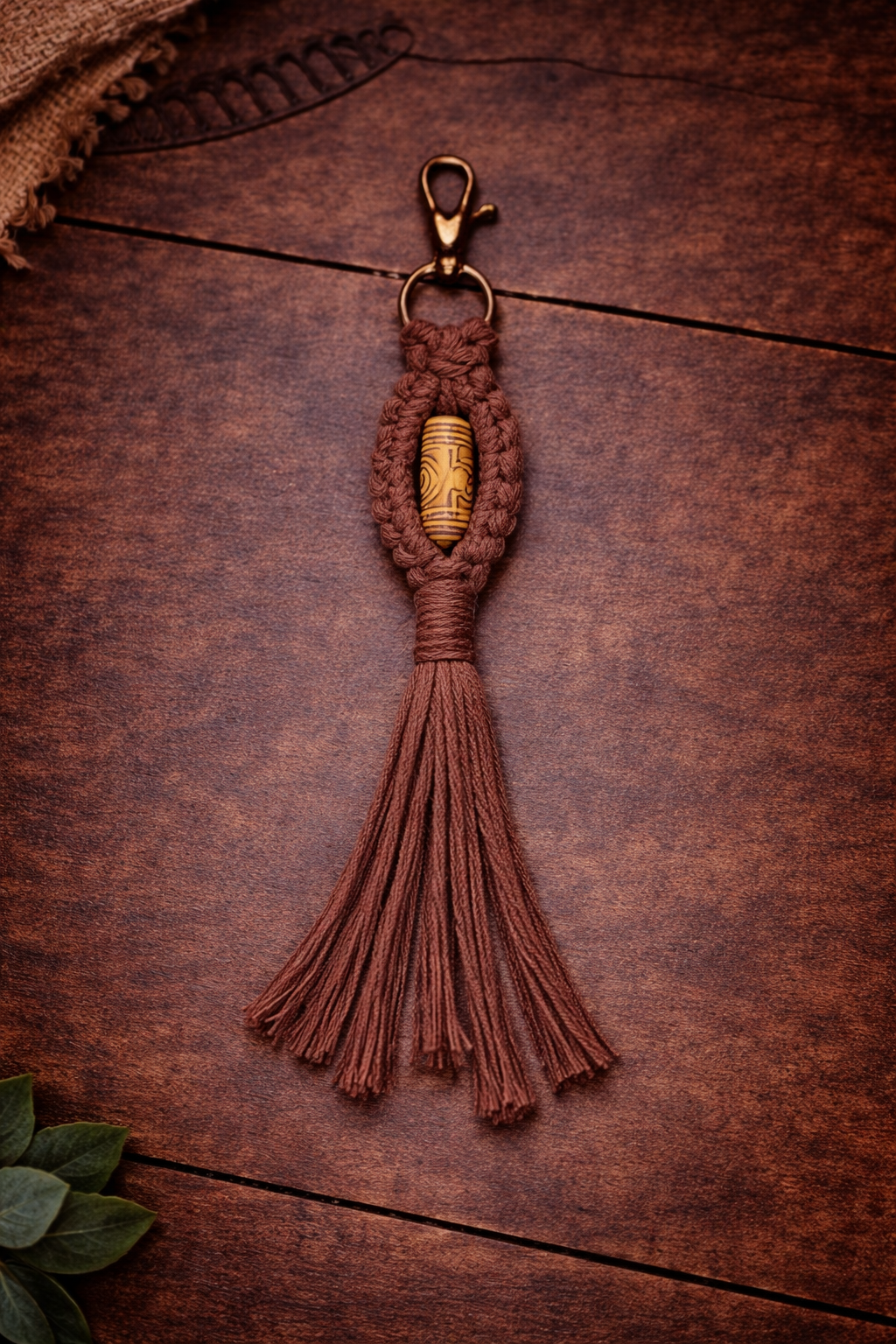 Brown Macramé Keychain with Wooden Bead – Handmade Boho Tassel Charm