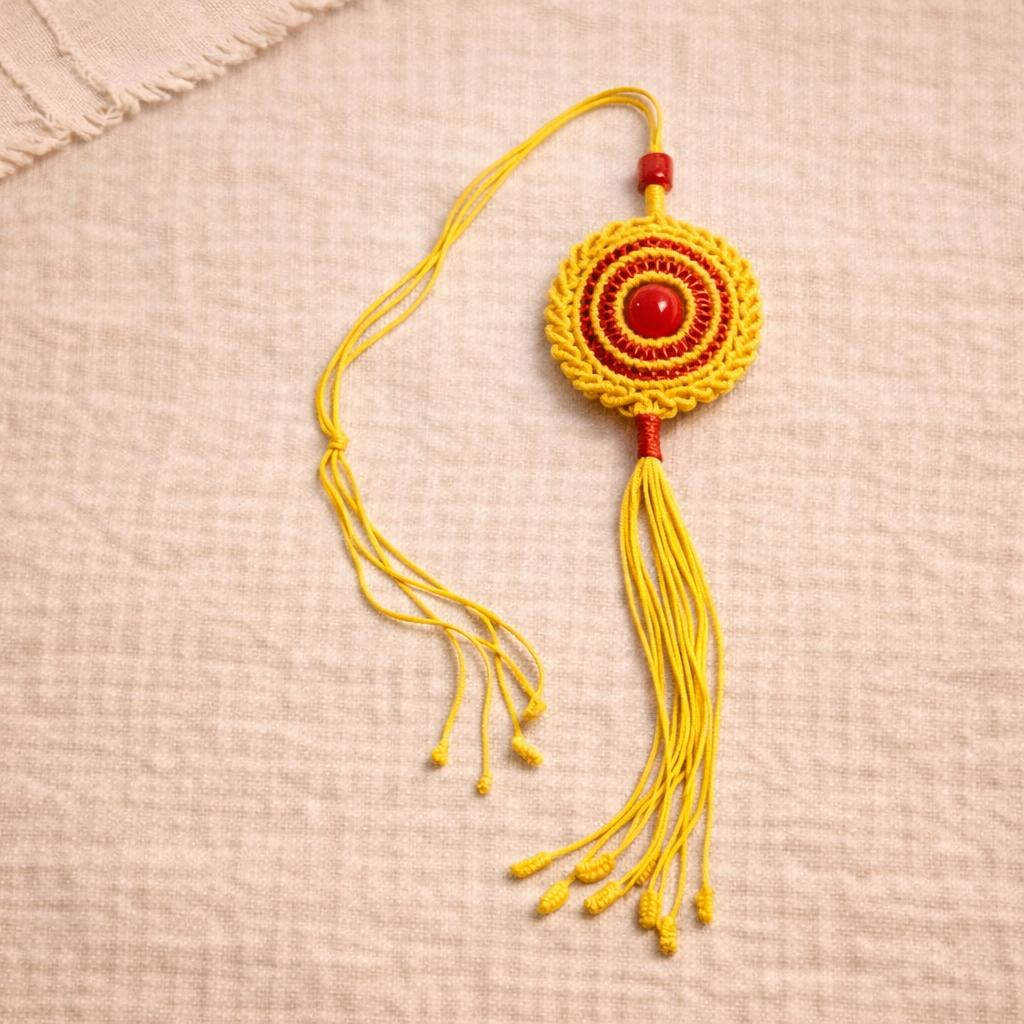 Boho Macramé Car Charm with Tassel | Yellow & Red Mandala Mirror Hanging