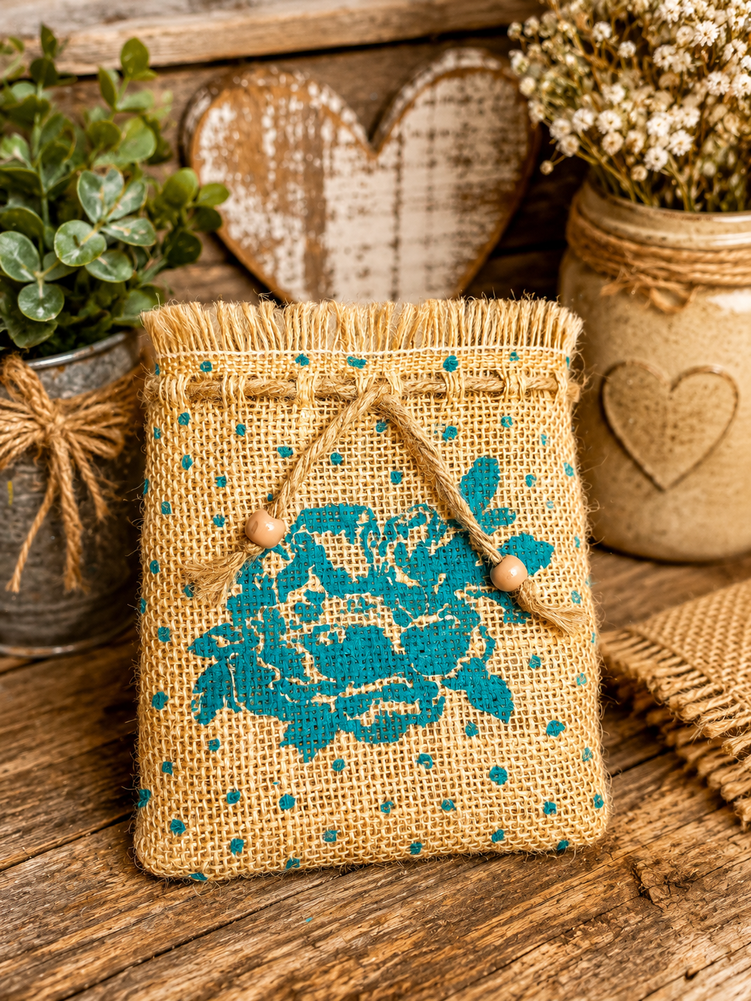 Rustic Floral Burlap Drawstring Pouch – Handmade Farmhouse Gift Bag – Turquoise Rose Design