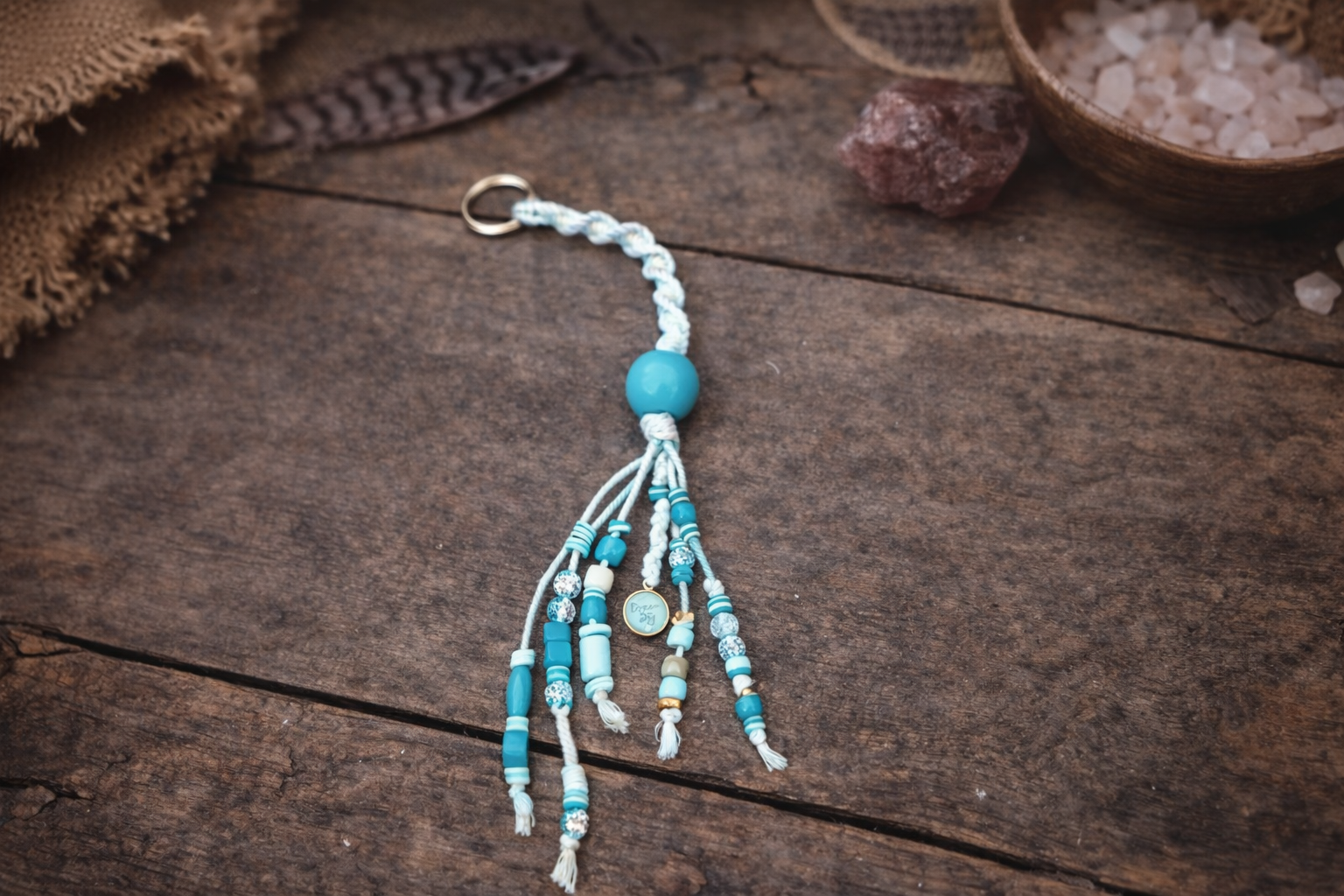 Turquoise & White Beaded Macramé Keychain – Handmade Boho Charm with “Dream Big” Pendant