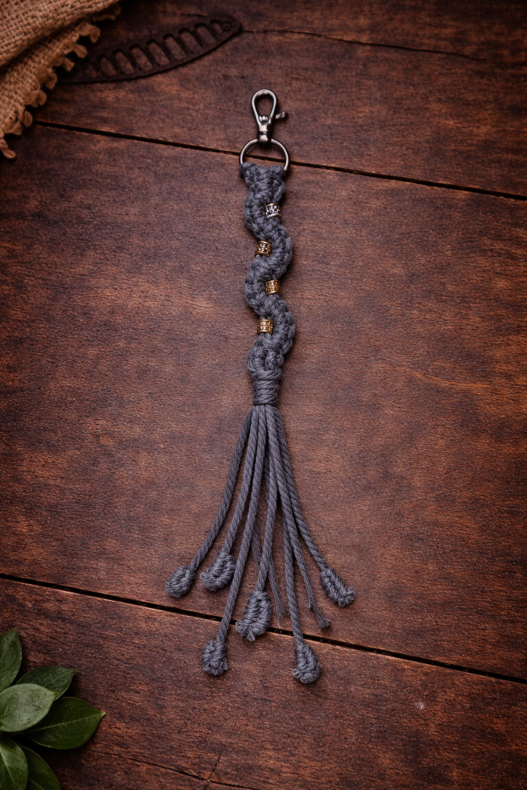 Gray Macramé Keychain with Gold Beads – Handmade Boho Tassel Charm