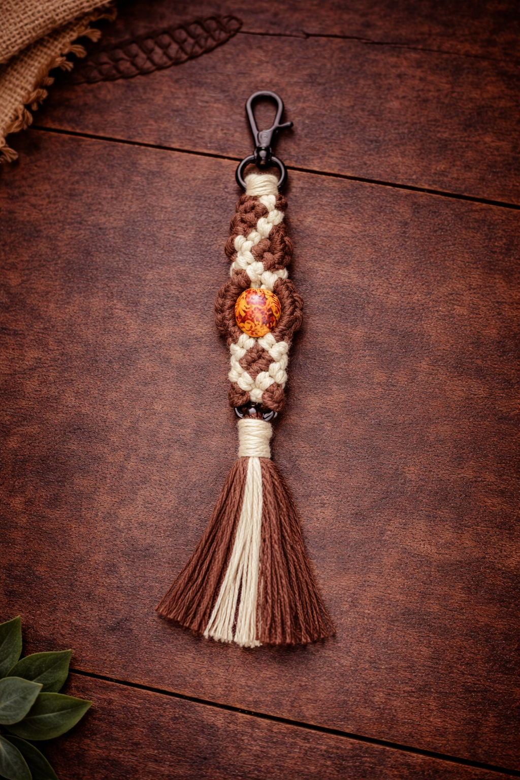 Brown & Sage Macramé Keychain with Accent Bead – Handmade Boho Tassel Charm