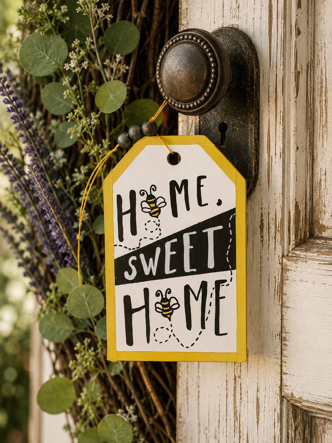 Home Sweet Home Bee Door Hanger | 7" x 3" Hand-Painted Wooden Tag Sign