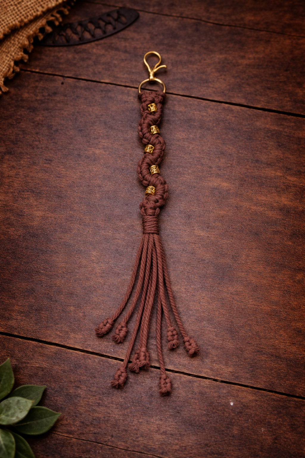Brown Macramé Keychain with Gold Beads – Handmade Boho Tassel Charm