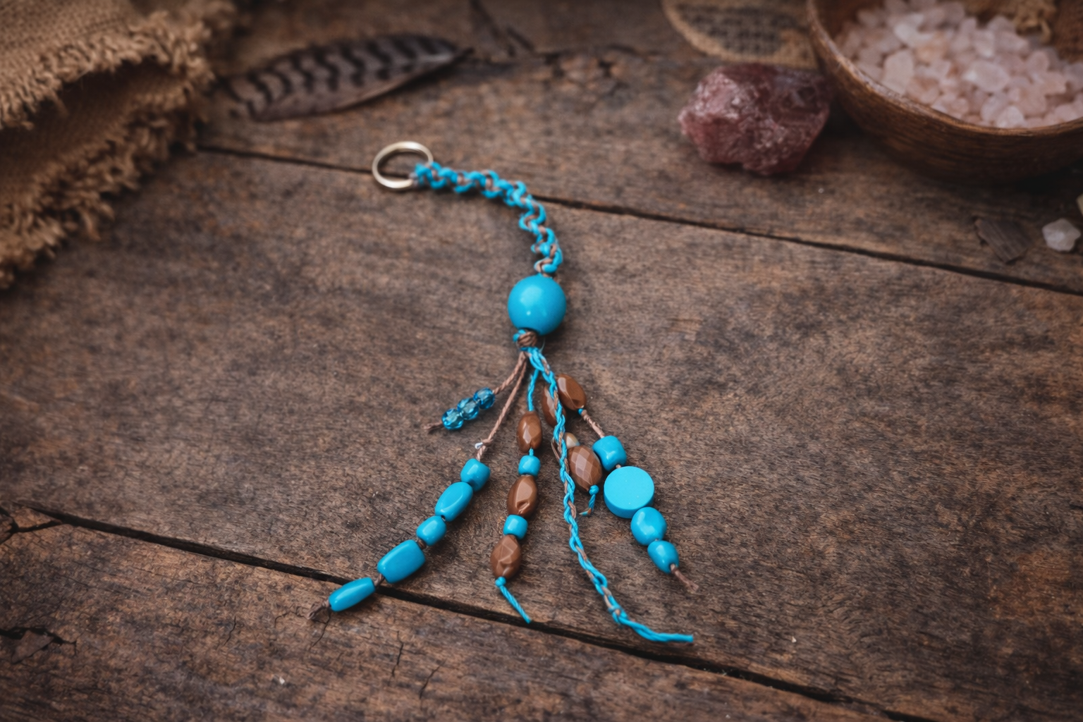 Turquoise & Brown Beaded Macramé Keychain – Handmade Boho Tassel Charm