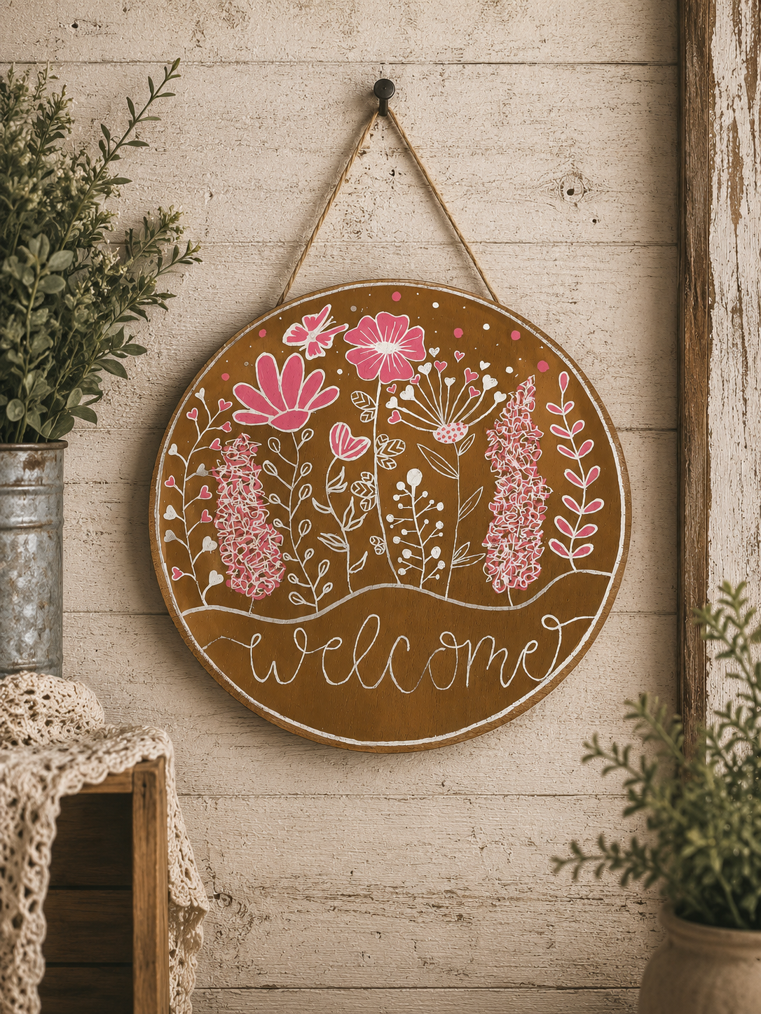 Hand-Painted Floral Welcome Sign | Rustic Chic Wooden Wall Decor | Cottagecore Farmhouse Accent