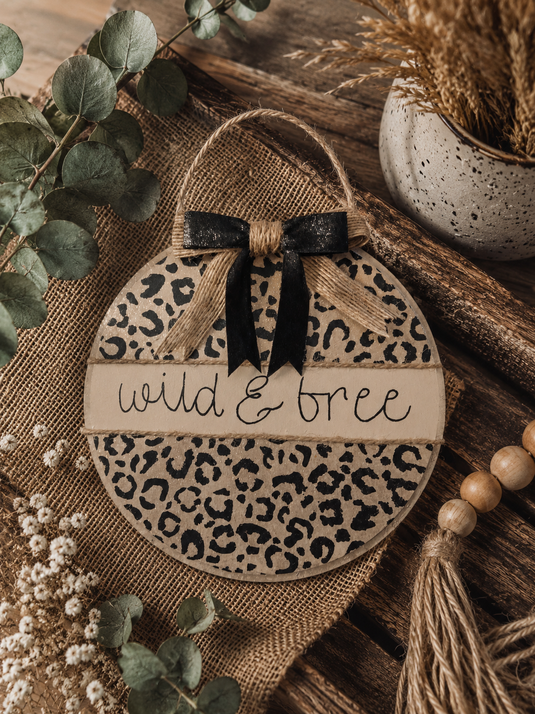 Wild & Free Rustic Leopard Print Wooden Door Hanger | Farmhouse Chic Wall Decor