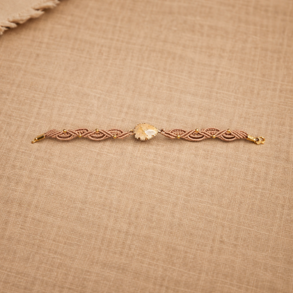 Handmade Macrame Bracelet with Golden Stone | Boho Farmhouse Jewelry | Neutral Adjustable Cord Bracelet