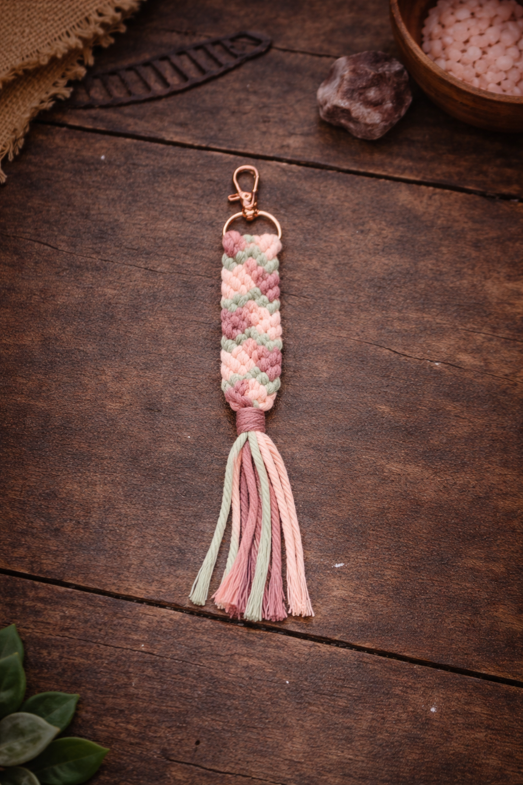 Pastel Macramé Keychain – Handmade Boho Tassel Charm in Pink, Sage & Mauve