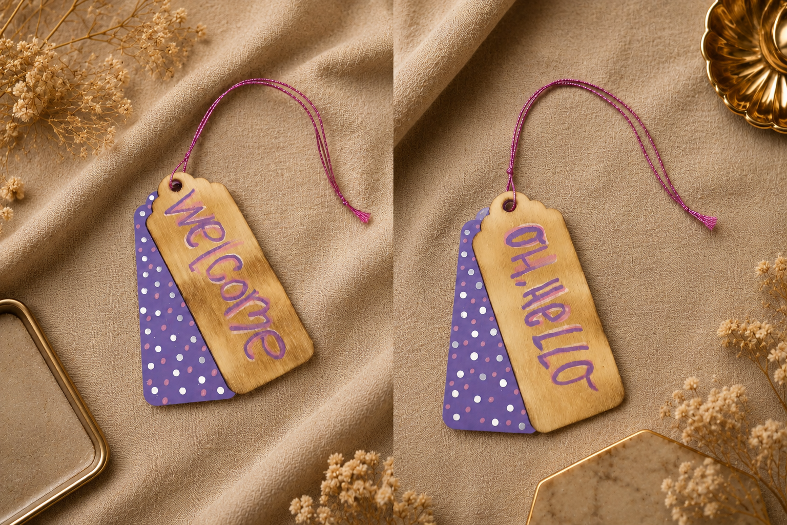 Reversible Welcome & Oh, Hello Door Hanger/Car Charm – Hand Painted Wooden Hanging Sign – 4" x 3"