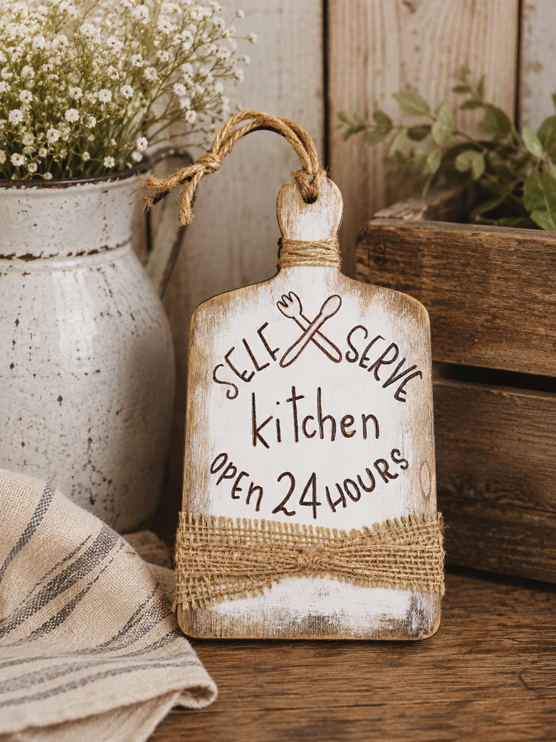 Self Serve Kitchen Open 24 Hours Sign | Handmade Farmhouse Kitchen Decor | Hand-Painted Rustic Cutting Board Sign | 9" x 5"