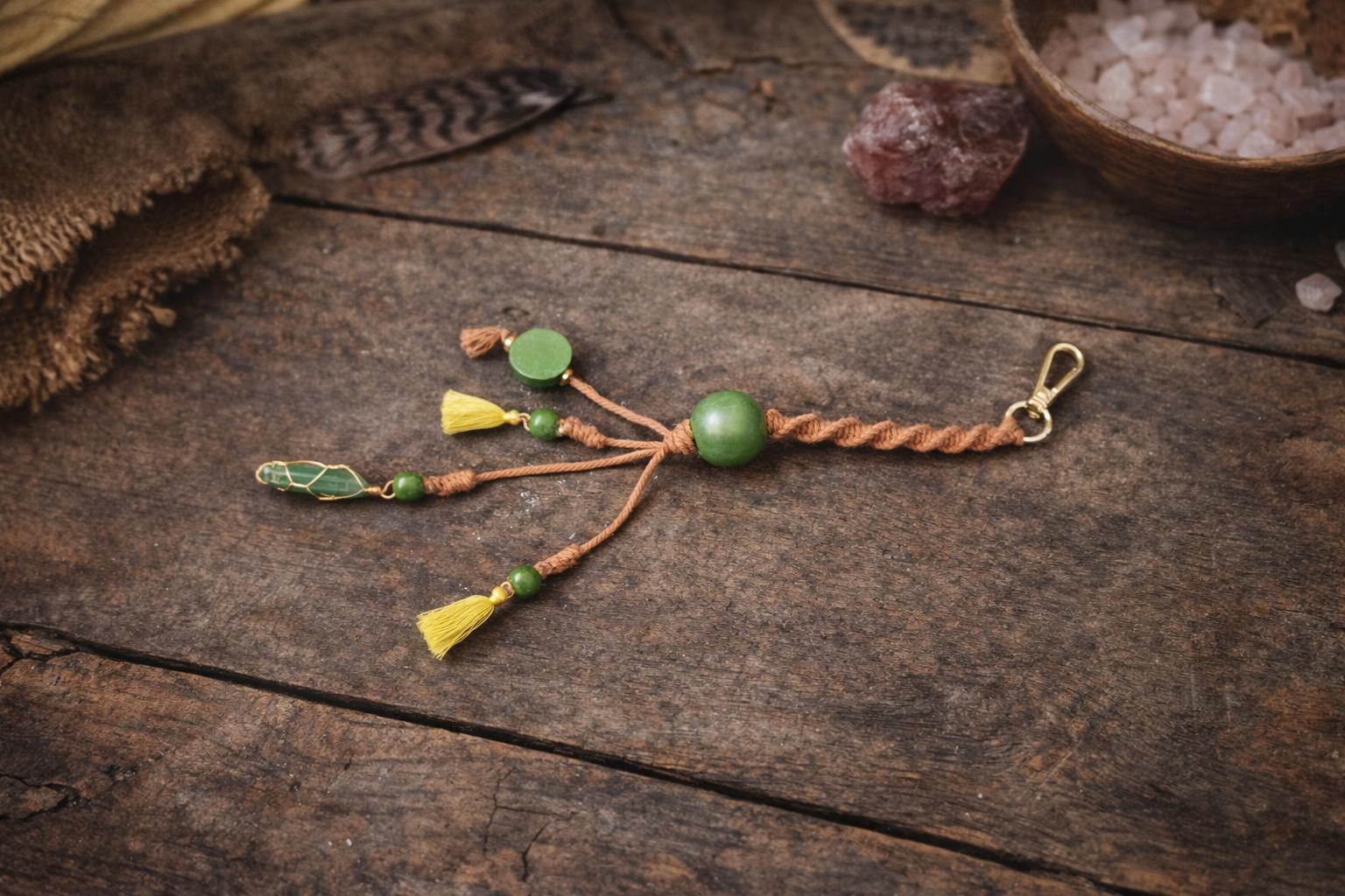 Green Beaded Macramé Keychain – Handmade Boho Tassel Charm with Crystal Accent