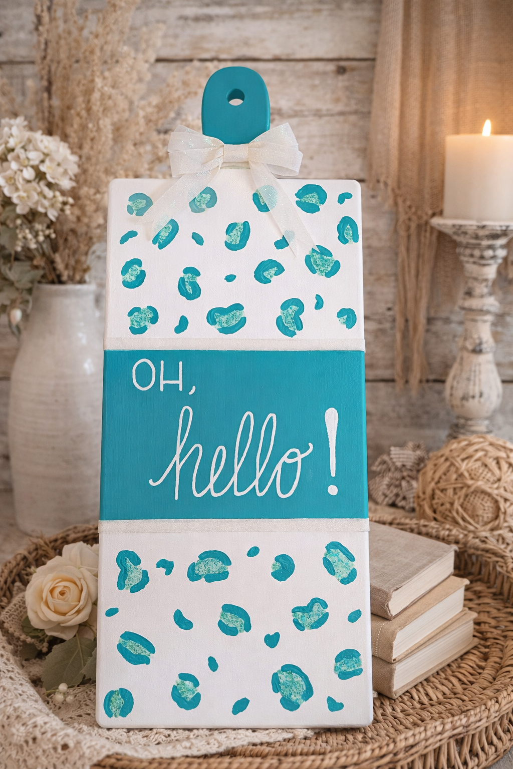 Teal Leopard Print “Oh, Hello!” Door Hanger Sign