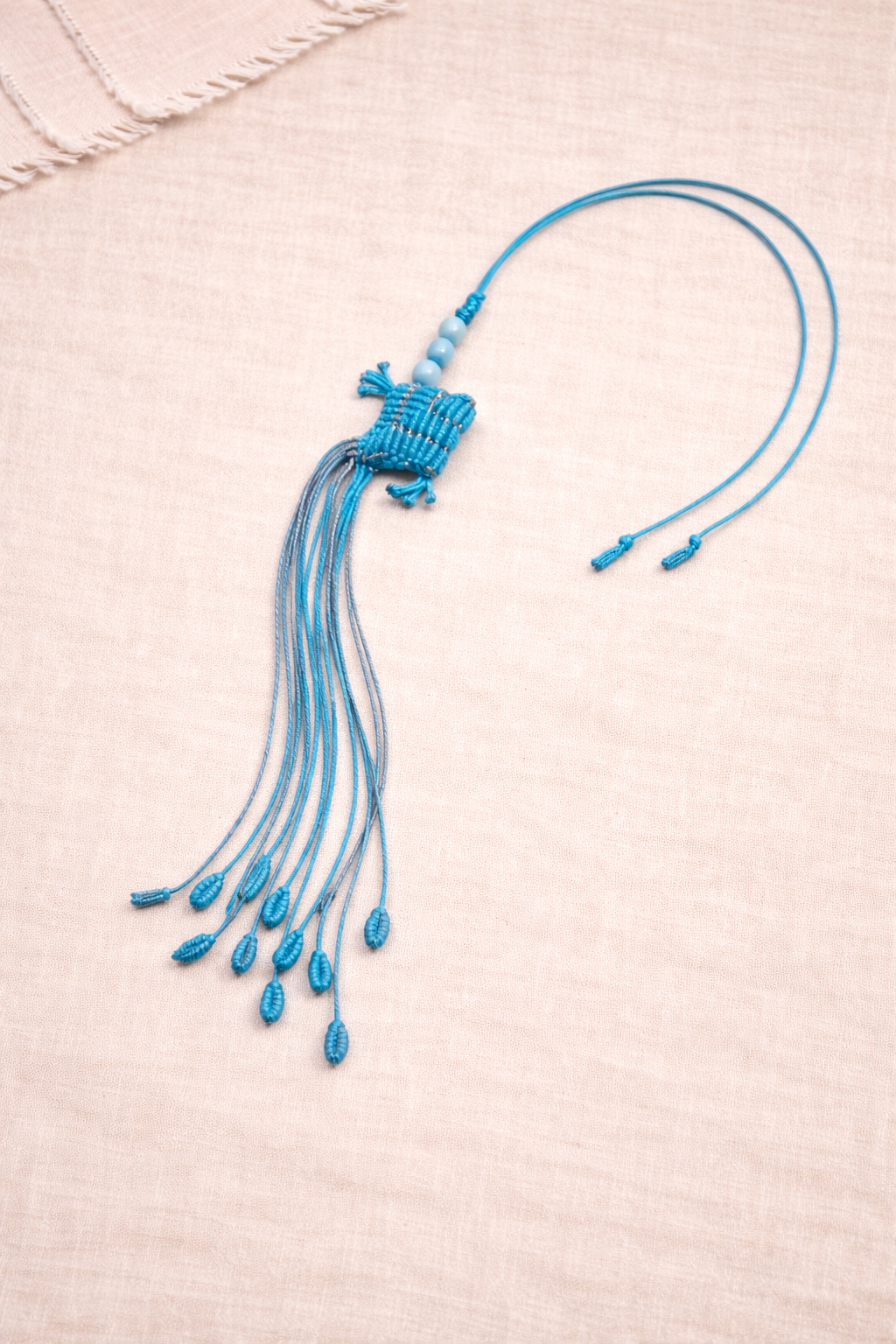 Turquoise Angler Fish Macramé Tassel Car Charm – Handmade Boho Rearview Mirror Hanging