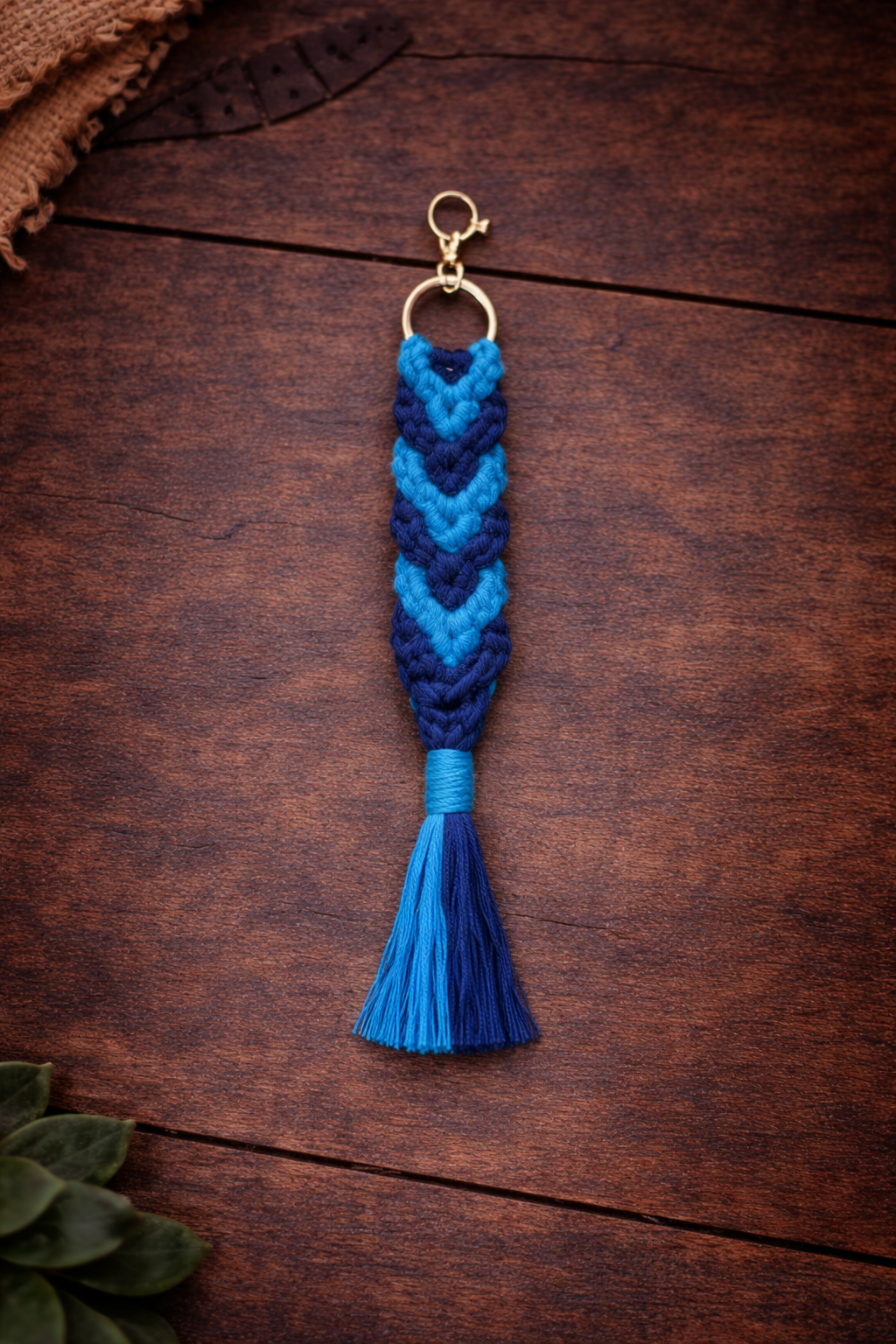 Blue Chevron Macramé Keychain – Handmade Boho Tassel Charm