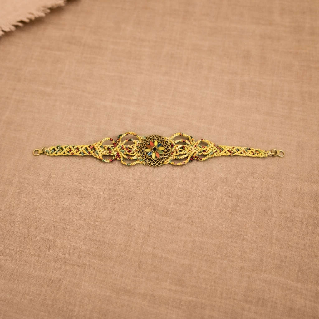 Handmade Macrame Bracelet with Gold Filigree Center | Boho Statement Bracelet | Woven Jewelry | Artisan Design