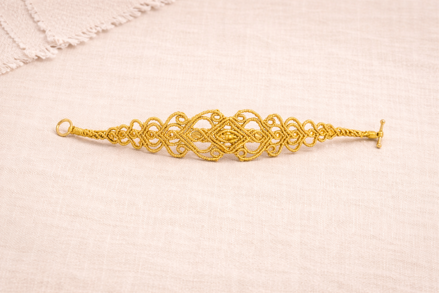 Golden Boho Macrame Bracelet – Intricate Handmade Statement Cuff