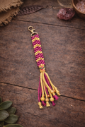Pink & Gold Macramé Keychain – Handmade Boho Tassel Charm with Wooden Beads