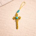 Handwoven Macramé Cross Car Charm | Turquoise Bead Rearview Mirror Decor