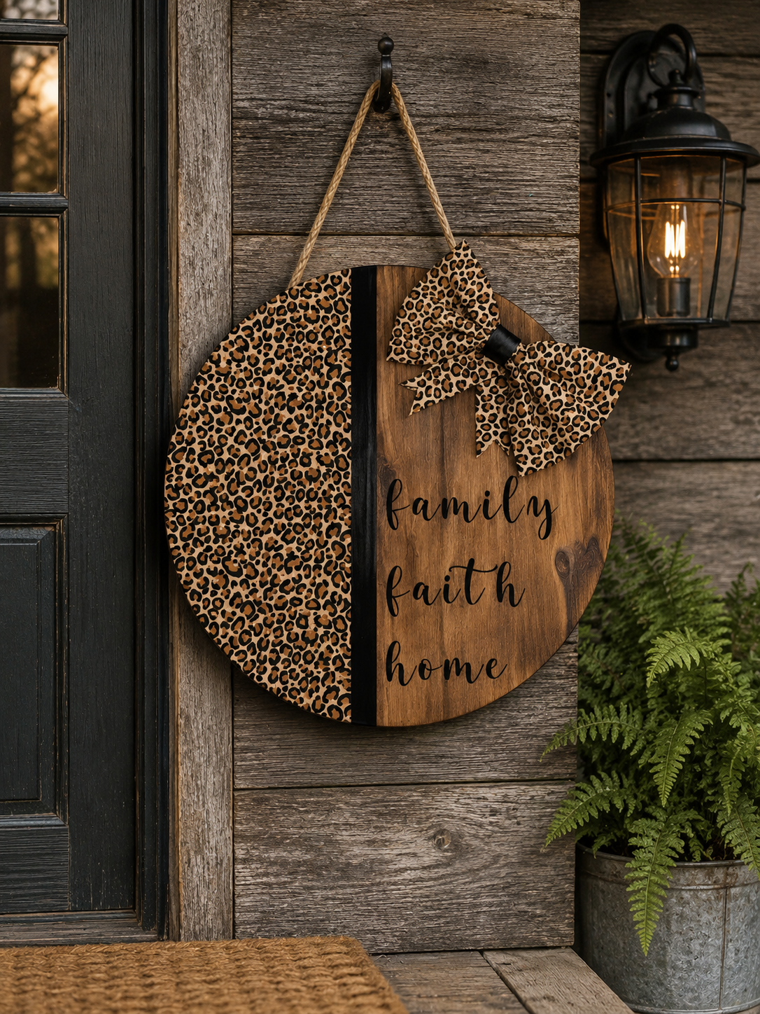 Family Faith Home Rustic Door Hanger | 12" Round Farmhouse Sign with Leopard Print & Handmade Bow