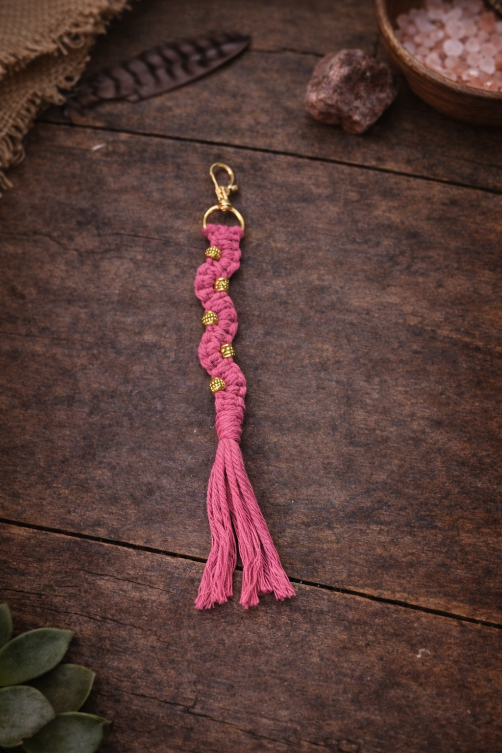 Pink Macramé Keychain with Gold Beads – Handmade Boho Tassel Charm