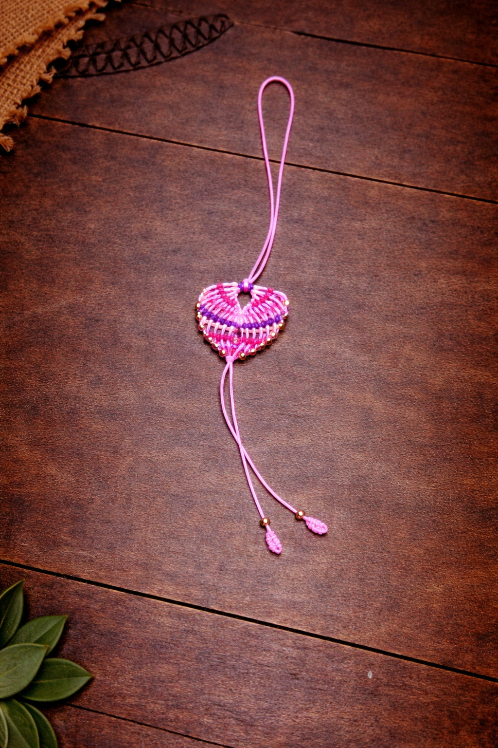 Pink Heart Macramé Car Charm – Handmade Hanging Ornament