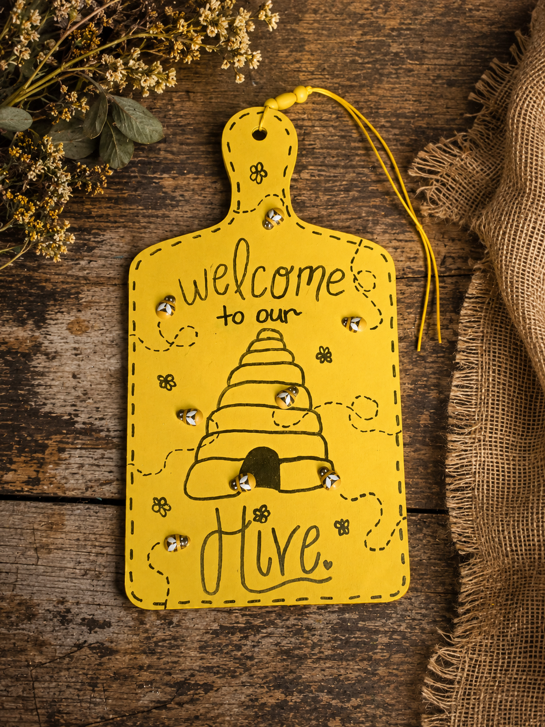 Welcome to Our Hive Bee Door Hanger | Rustic Farmhouse Wall Decor | Handmade Bee Sign | 9" x 5"