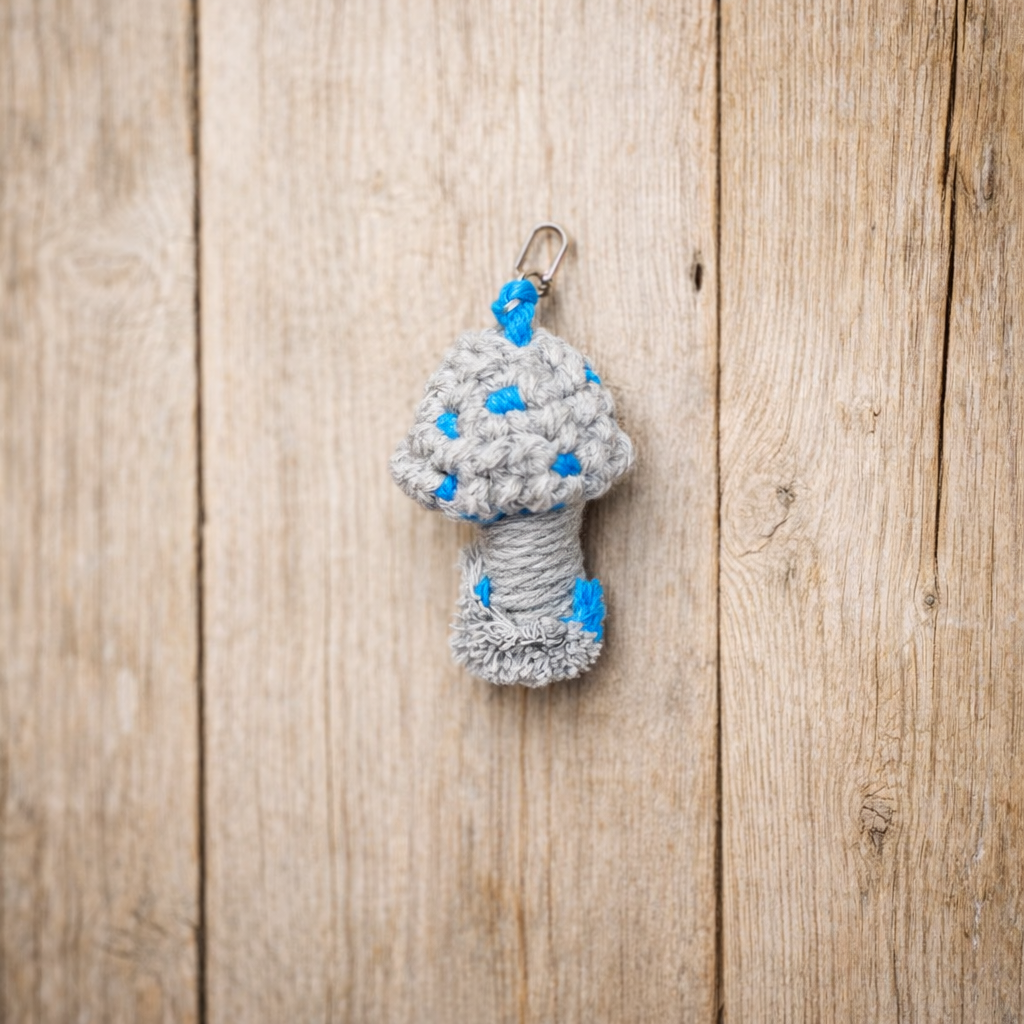 Handmade Macramé Mushroom Keychain – Grey & Blue Boho Bag Charm