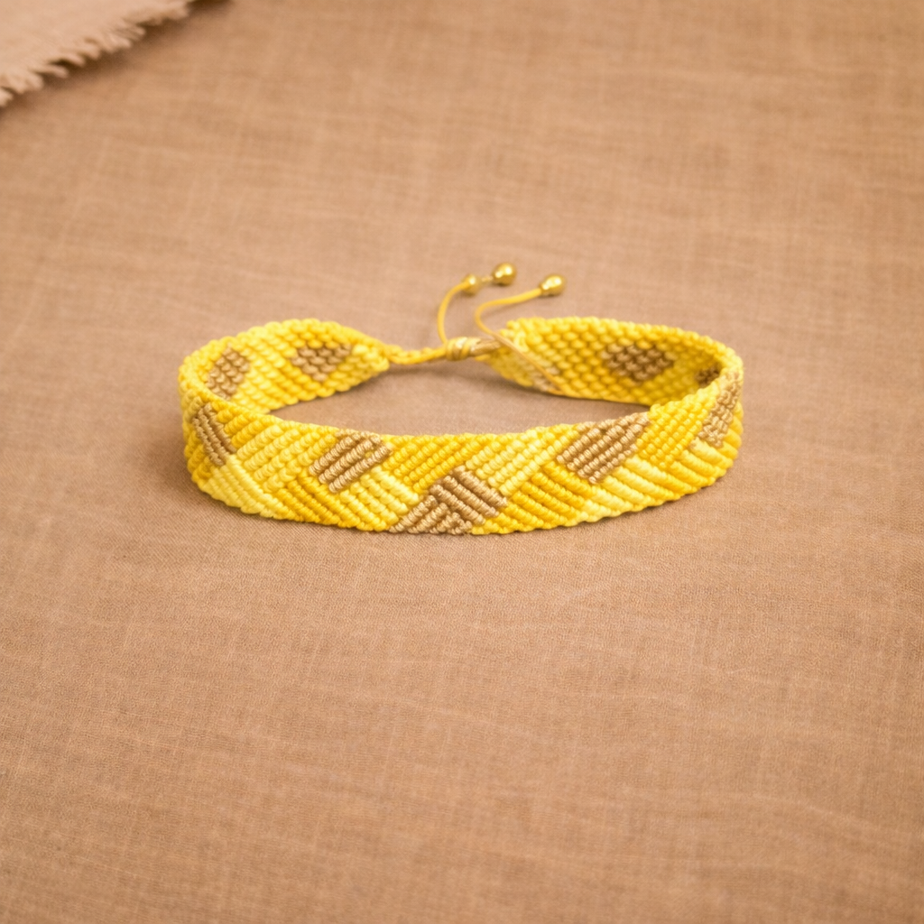 Handmade Yellow Macrame Bracelet | Boho Woven Bracelet with Neutral Accents | Adjustable Cord Jewelry | Bright Everyday Style