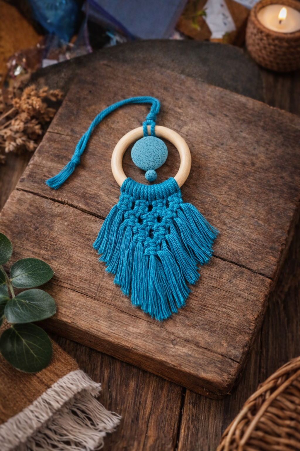 Teal Macramé Aromatherapy Car Charm with Lava Stone
