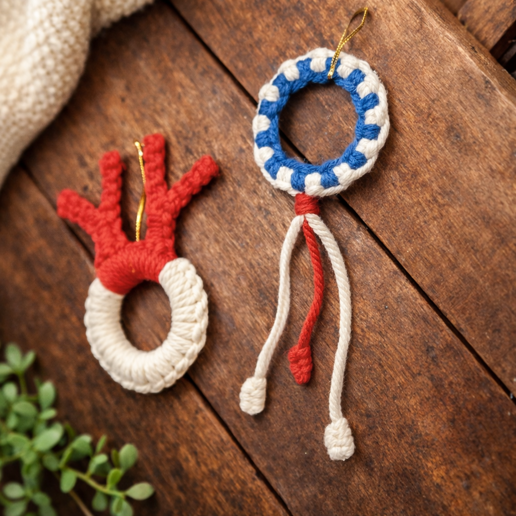 Handmade Macrame Christmas Ornaments – Red, White & Blue Set – Rustic Farmhouse Tree Decor