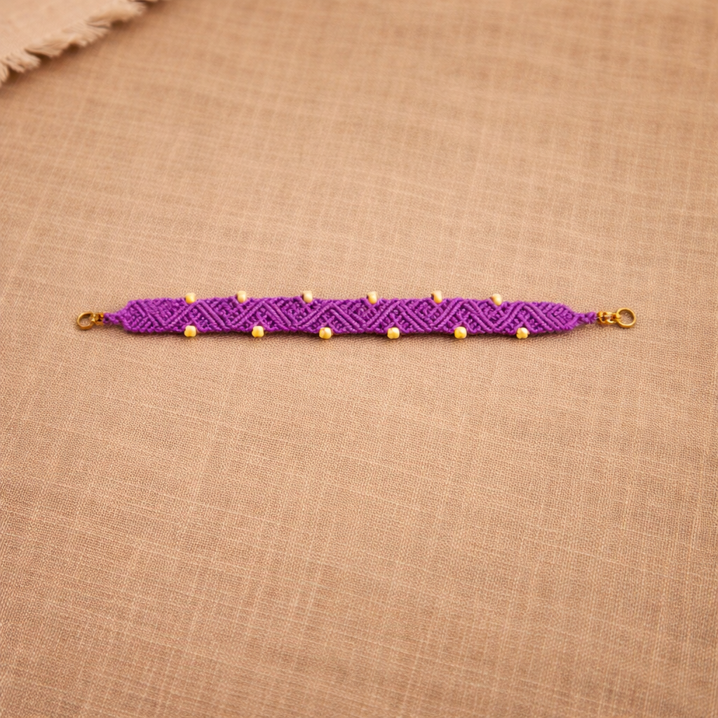 Handmade Purple Macrame Bracelet with Gold Beads | Boho Woven Bracelet | Adjustable Cord Jewelry | Elegant Everyday Wear