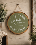 Love Never Fails Wall Hanging | Hand-Painted Scripture Sign | Rustic Chic Christian Farmhouse Decor