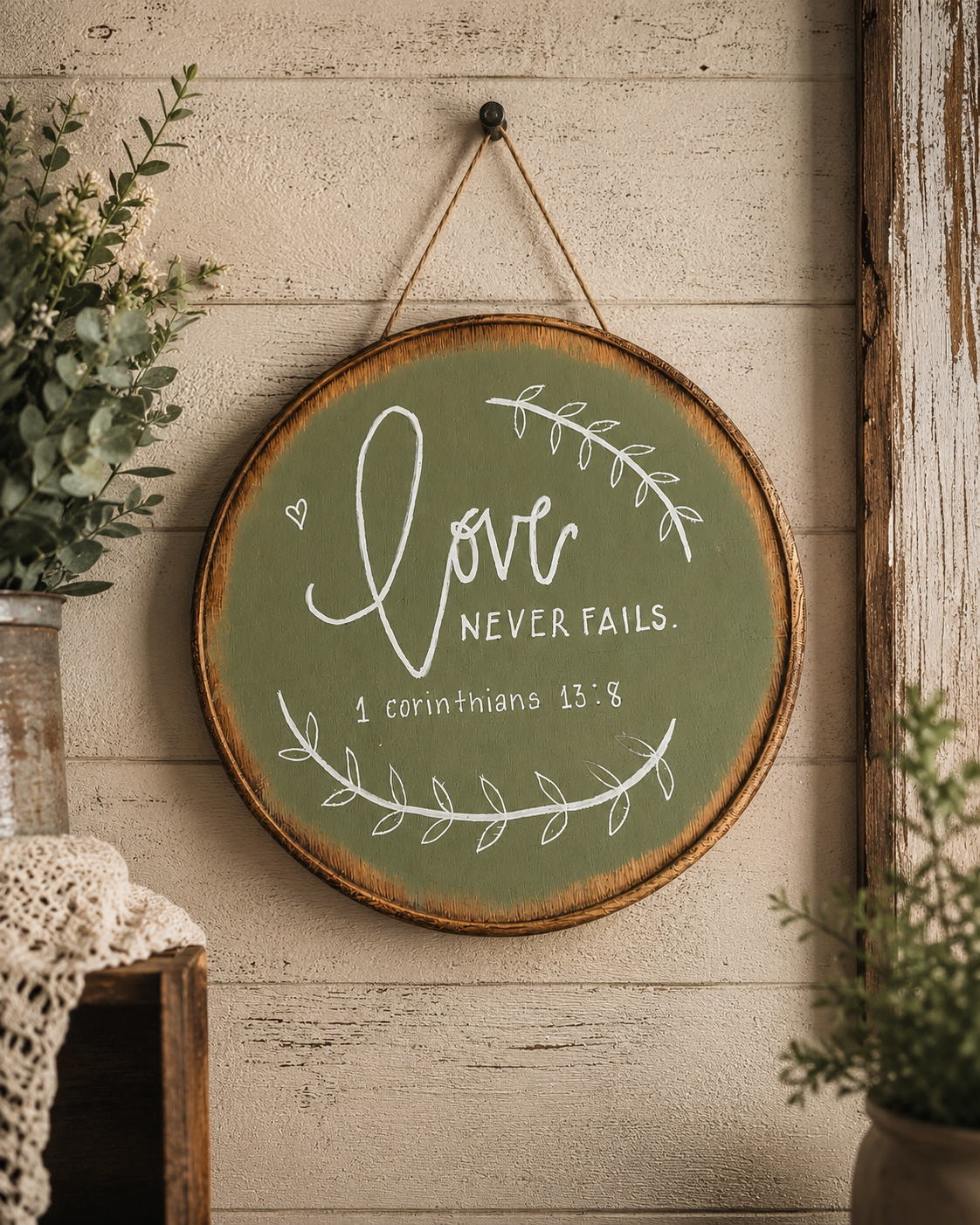 Love Never Fails Wall Hanging | Hand-Painted Scripture Sign | Rustic Chic Christian Farmhouse Decor