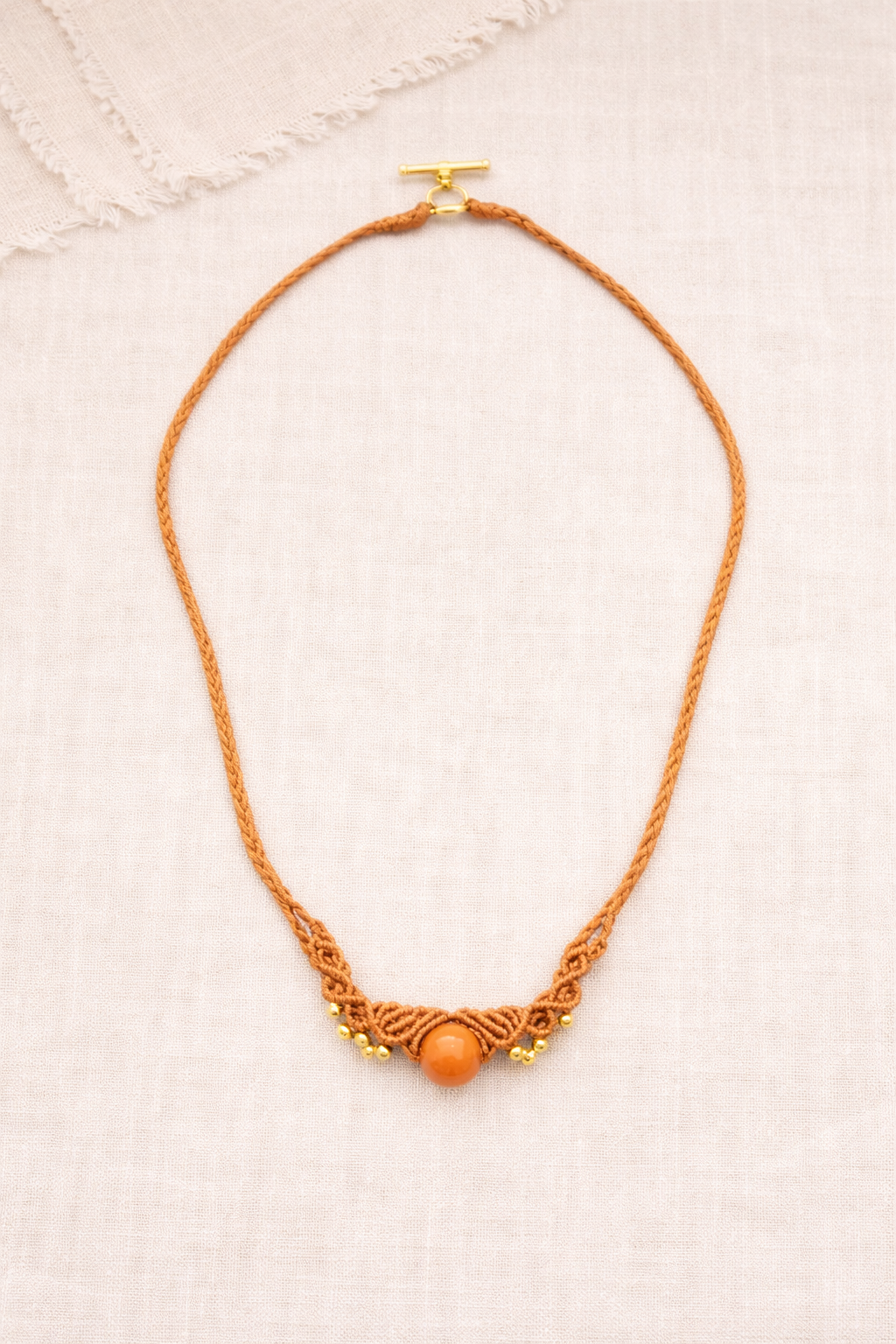 Handmade Macrame Necklace (21” Length) with Orange Bead – Boho Minimalist Fiber Jewelry