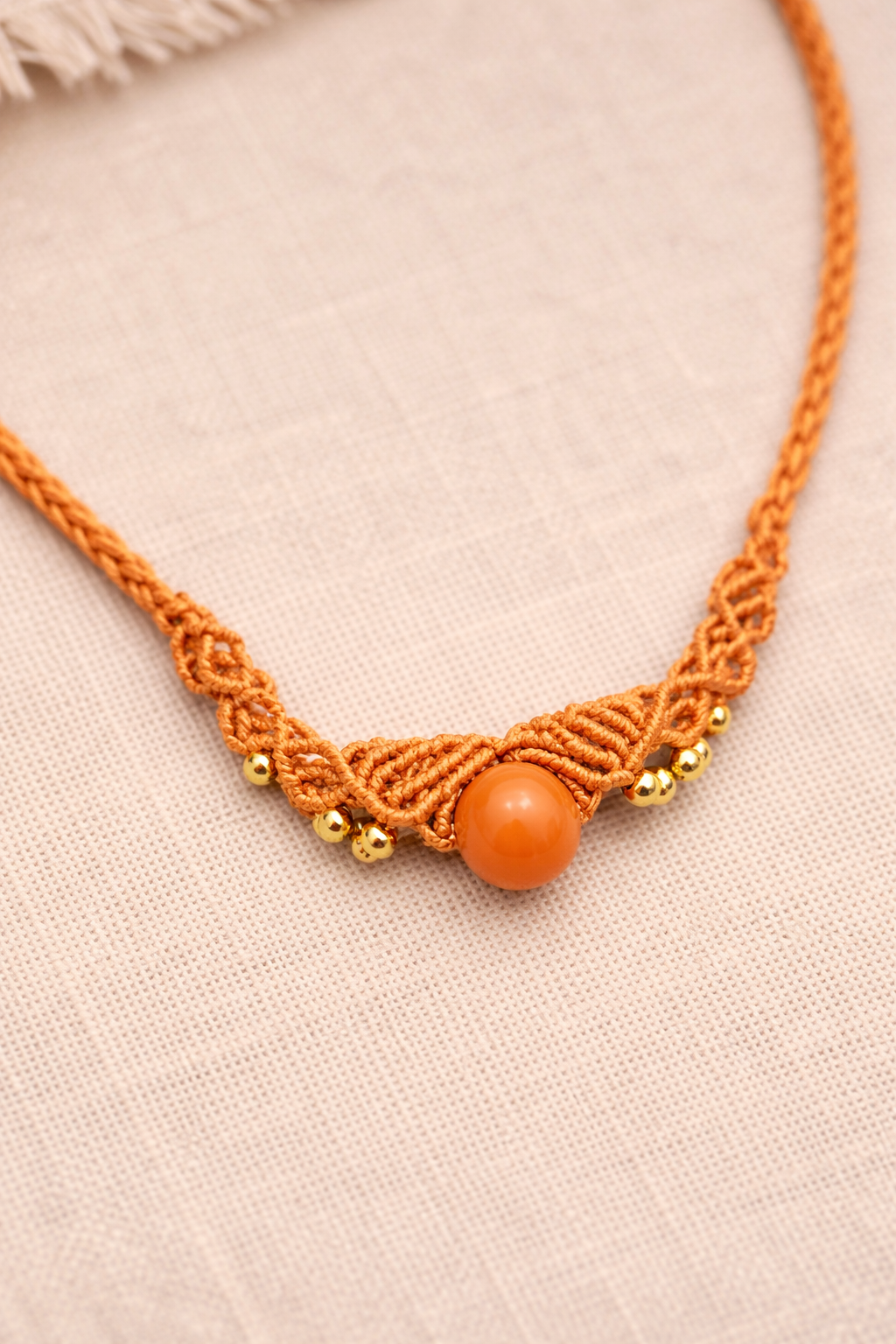 Handmade Macrame Necklace (21” Length) with Orange Bead – Boho Minimalist Fiber Jewelry