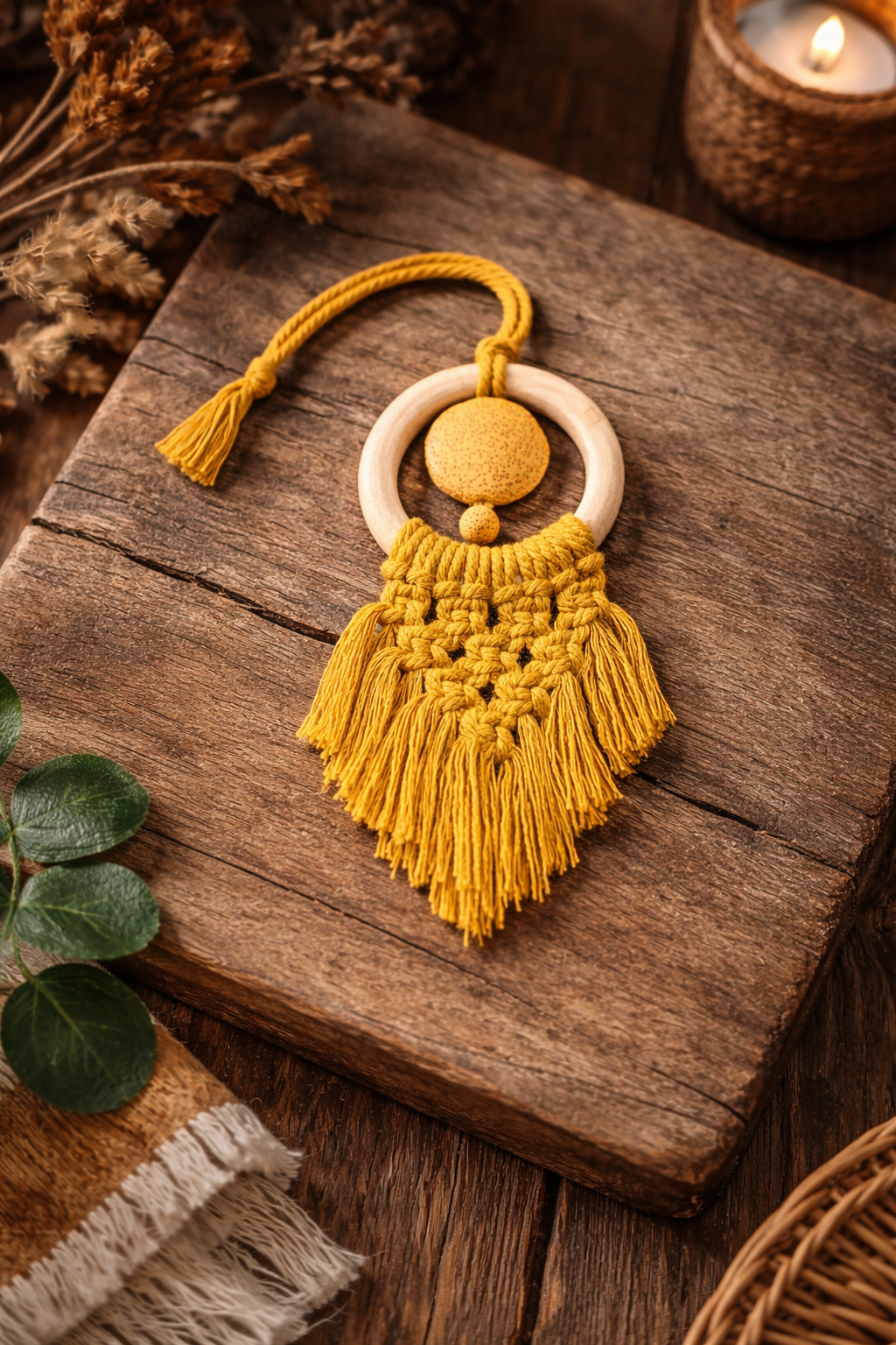 Mustard Macramé Aromatherapy Car Charm with Lava Stone