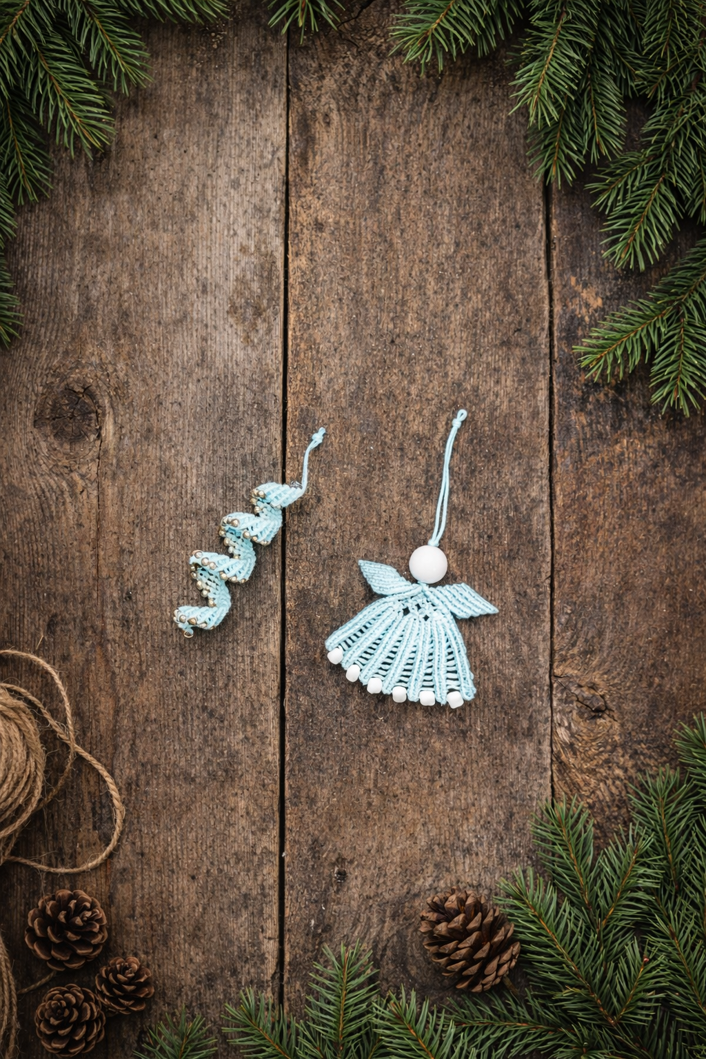 Handmade Macramé Angel & Spiral Micro Christmas Ornaments – Rustic Farmhouse Holiday Decor
