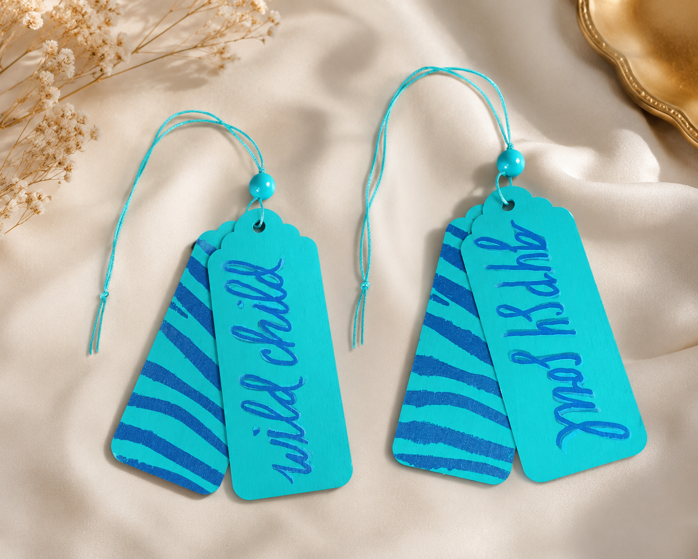 Wild Child Reversible Wooden Car Charm – Turquoise Zebra Print Hanging Accessory | 4" x 3.5"