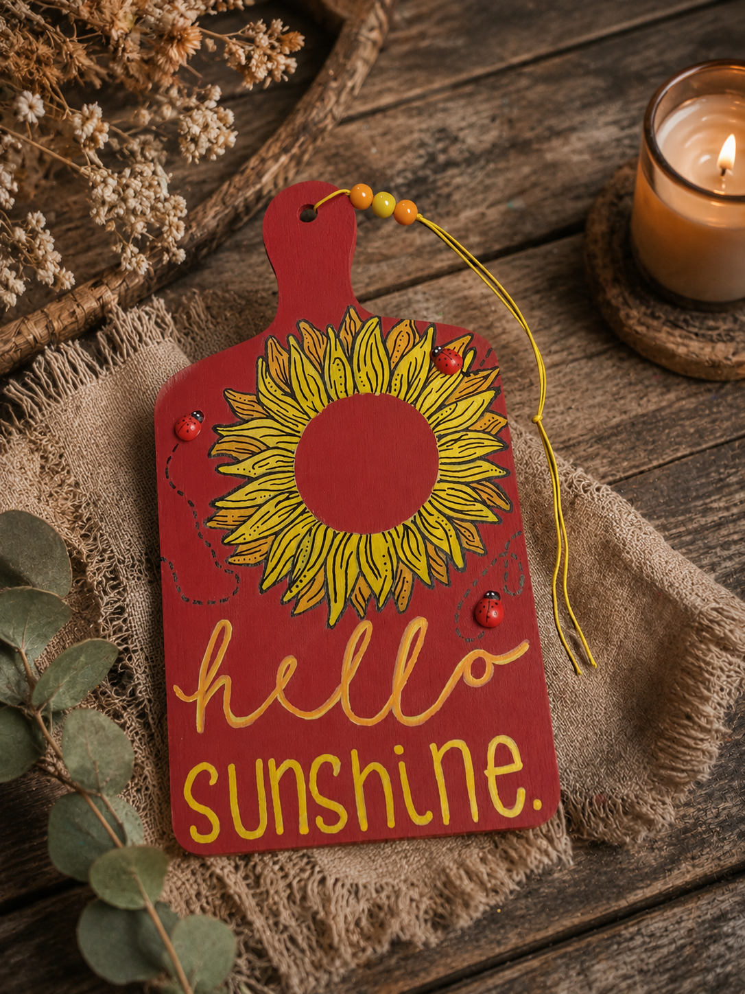 Hello Sunshine Sunflower Sign | 9" x 5" Hand-Painted Wooden Decorative Tag with Ladybugs