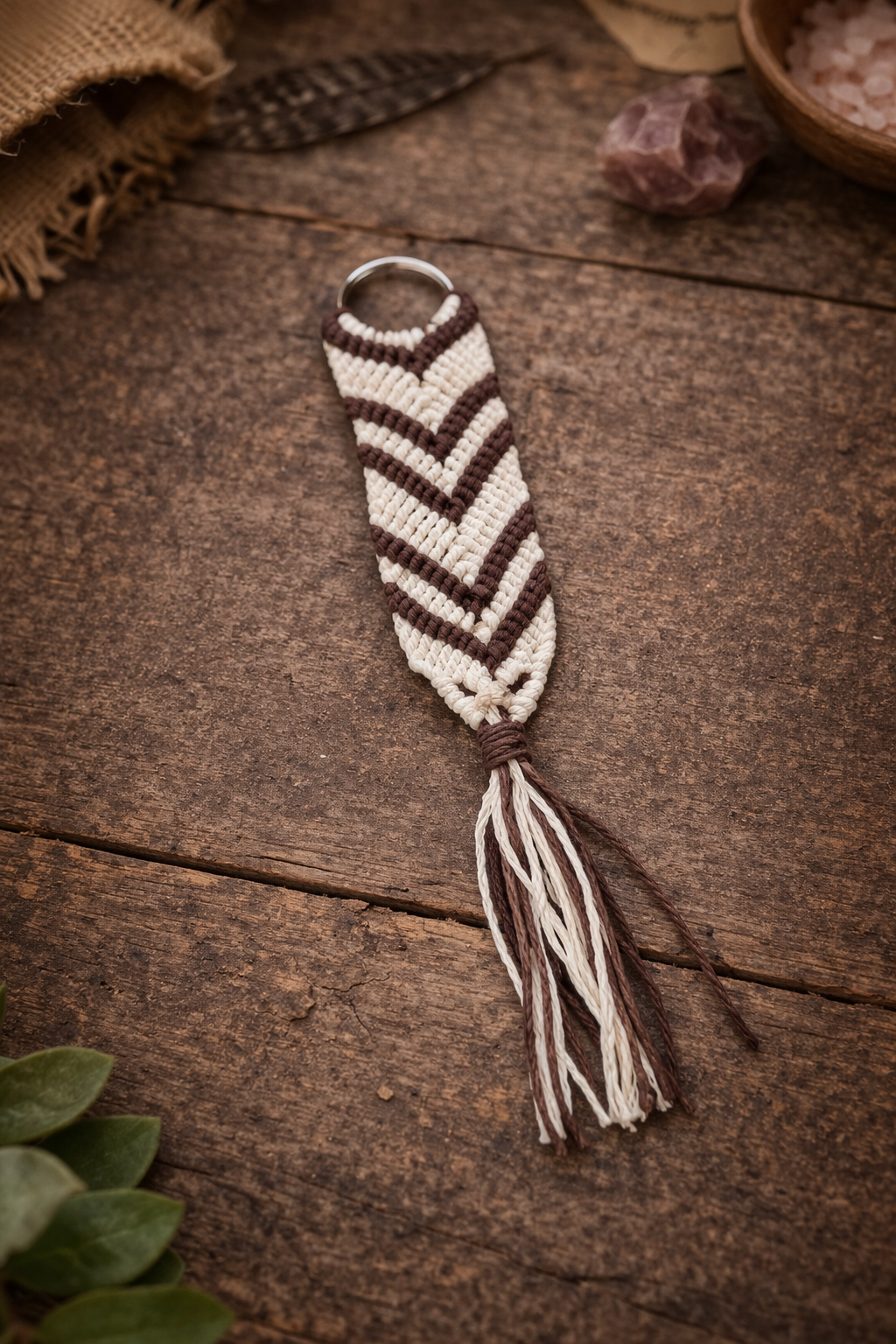 Neutral Brown & Cream Macramé Keychain – Handmade Boho Tassel Charm