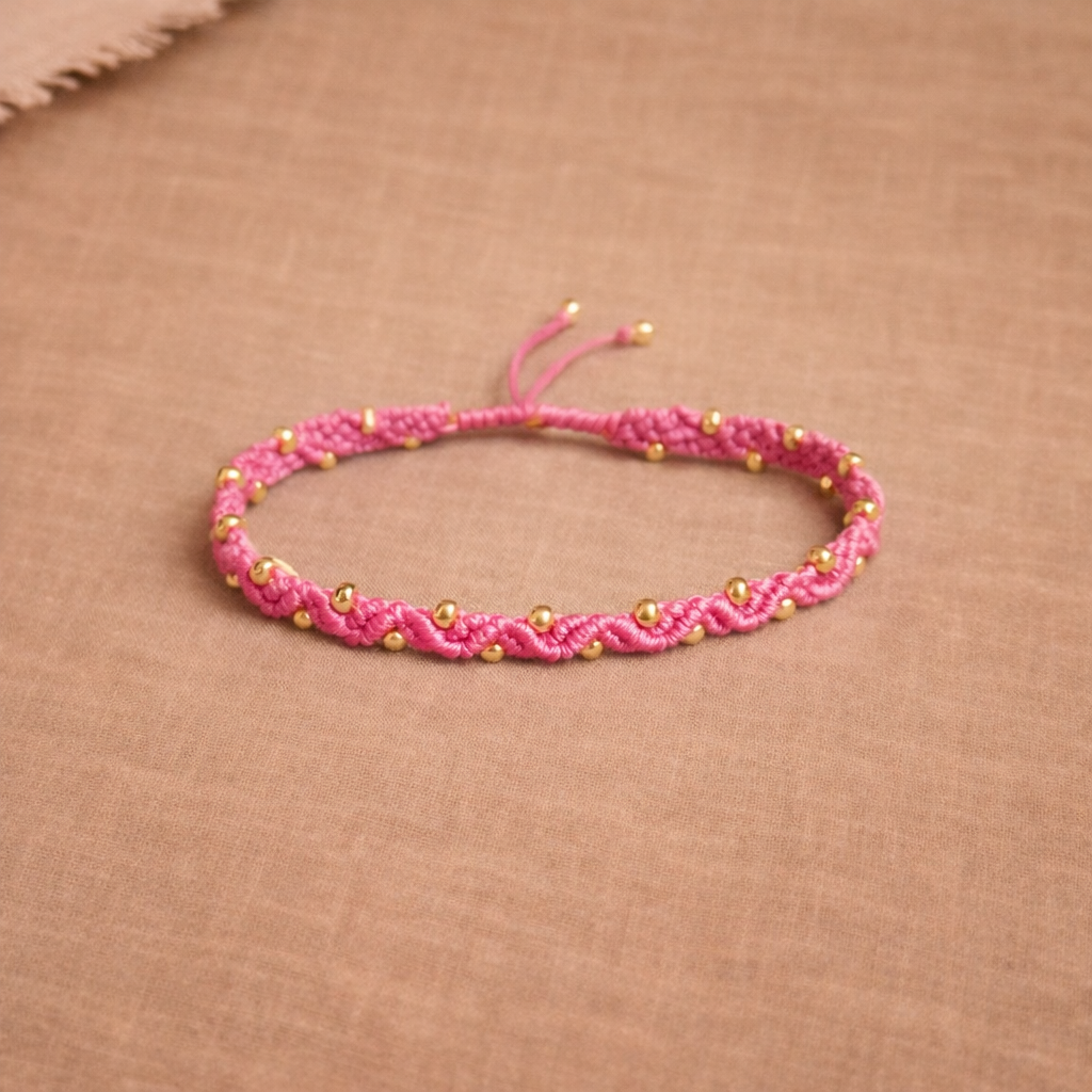 Handmade Pink Macrame Bracelet with Gold Beads | Boho Beaded Bracelet | Adjustable Cord Jewelry | Feminine Everyday Style