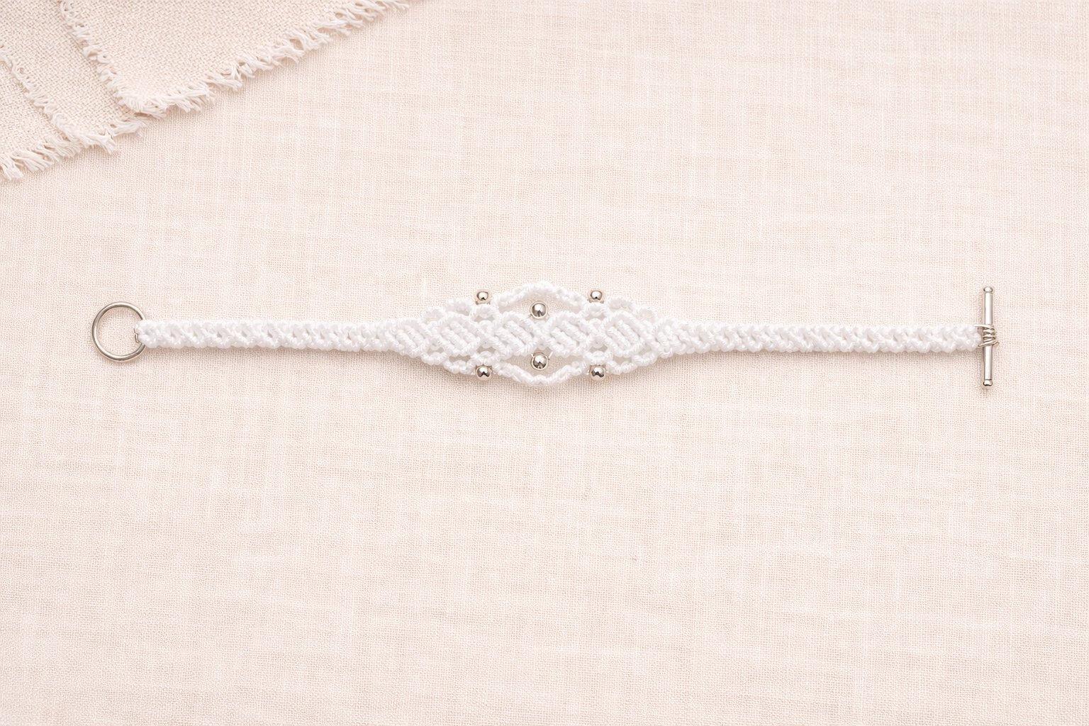 Handmade White Macramé Bracelet with Silver Beads | Boho Minimalist Jewelry